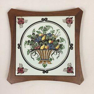 VTG Fruit Basket Tile Wood Trivet Decor